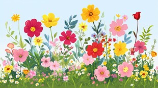 缤纷花卉草地插画
