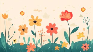 春日烂漫花丛插画