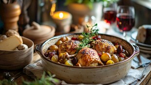 烤鸡佳肴配美酒温馨场景