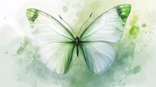 水彩绘就的清新绿白蝴蝶