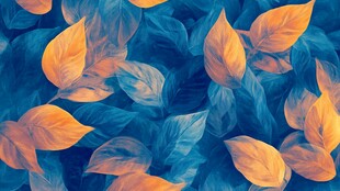 蓝底橙黄叶片梦幻图案
