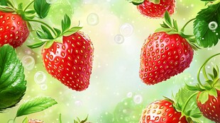 梦幻草莓与绿叶背景图
