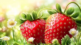 草地上的两颗鲜艳草莓