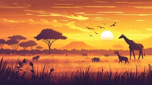 非洲草原日落动物剪影