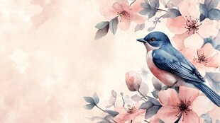 花鸟绘景 蓝羽鸟栖繁花间