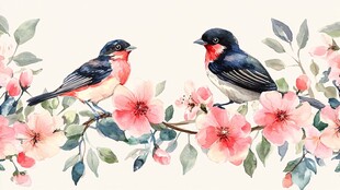 枝头双鸟伴繁花