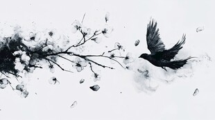 飞鸟掠枝间 水墨意韵浓