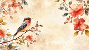 花鸟图中栖鸟伴繁花