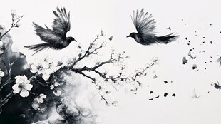水墨双鸟栖花图