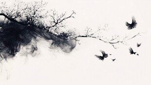 水墨枝头飞鸟意境图