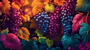 梦幻多彩葡萄与繁茂叶片