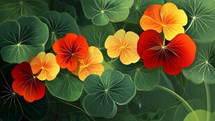 鲜艳旱金莲绽放绿叶间