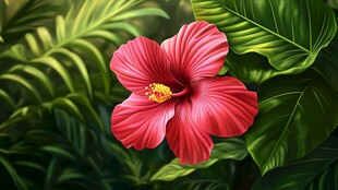 娇艳朱槿绽于葱郁绿叶间