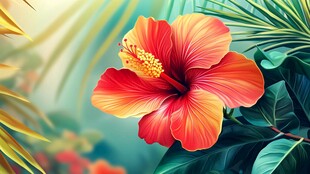 艳丽扶桑花绽放于绿叶间