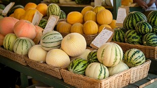 水果摊上多样的瓜类陈列