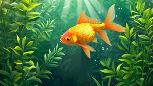 金鱼悠游于翠绿水草间