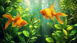 水中双金鱼畅游绿植间