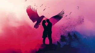 浪漫情侣与展翅雄鹰剪影