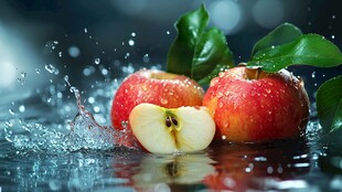 水珠飞溅下的鲜润红苹果