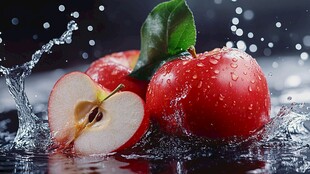 水珠飞溅的新鲜红苹果