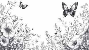 花卉蝴蝶黑白手绘插画