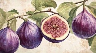 手绘紫色无花果与枝叶