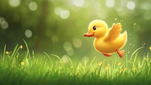 小黄鸭在草地欢快飞翔