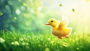 小黄鸭在绿草地上欢快飞翔