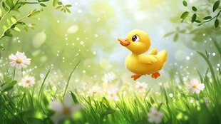小黄鸭在春日草地中飞翔