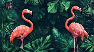 火烈鸟与热带植物梦幻场景