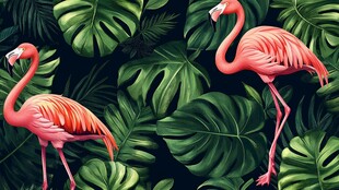 火烈鸟与热带绿叶插画