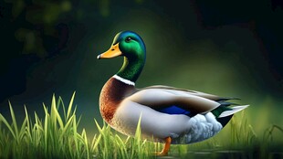 绿头鸭立于葱郁草地间