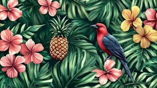 热带花鸟与菠萝的梦幻图景