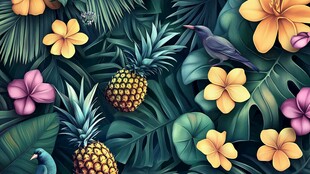 热带风情植物与鸟类插画