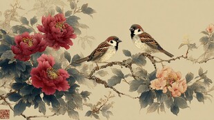 花鸟图中双雀栖于繁花间