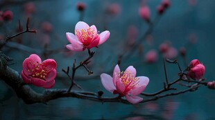 枝头绽放的娇艳粉色花朵