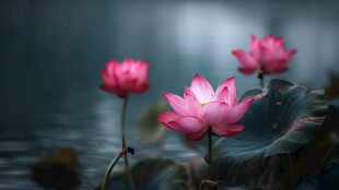 娇艳荷花绽放于朦胧水边