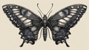 黑白蝴蝶插画 精致细节