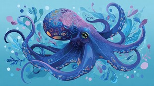 梦幻蓝紫章鱼插画