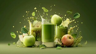 青绿色果蔬汁与新鲜水果