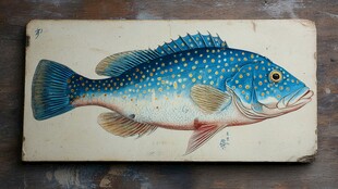 手绘蓝色斑点鱼木板画