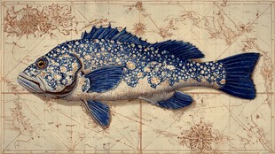 复古地图上的蓝花纹海鱼