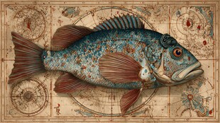 复古地图上的奇幻大鱼