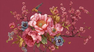 复古花卉与小鸟插画作品