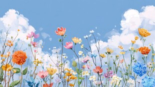 蓝天白云下的缤纷野花