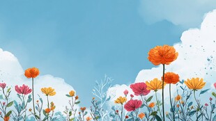 蓝天白云下的缤纷花卉