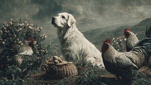 田园中静卧的狗与鸡群