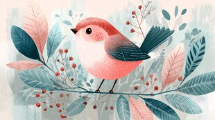 枝头小鸟与花叶的温馨画面