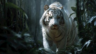 丛林中漫步的威严白老虎