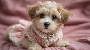 穿着粉裙的可爱小萌犬